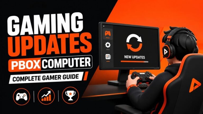 3D gaming featured image showing Gaming Updates PBoxComputer with a gamer, update screen, and controller icons in a modern orange and black design.