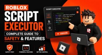 3D featured image showing Roblox Script Executor safety, features, coding interface, and Roblox inspired character in a modern gaming design.