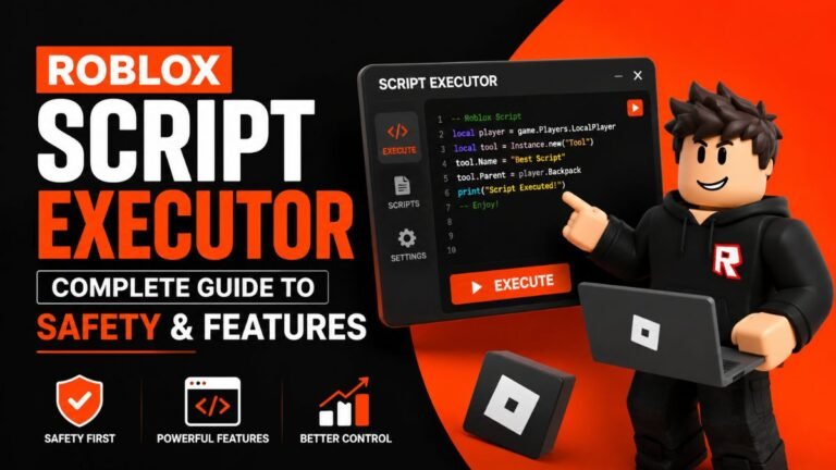 3D featured image showing Roblox Script Executor safety, features, coding interface, and Roblox inspired character in a modern gaming design.