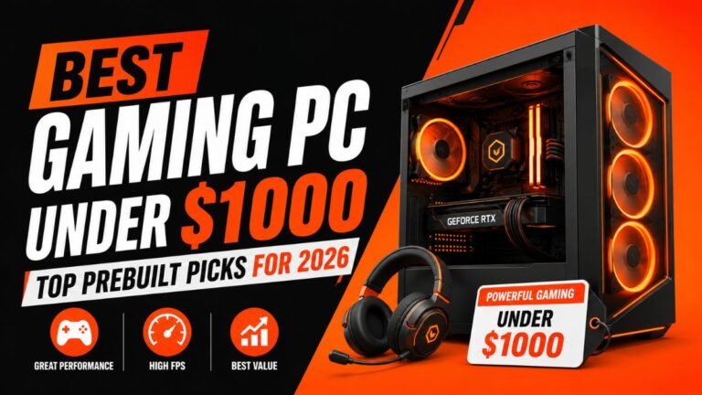 Best Gaming PC Under $1000 in 2026 featuring a powerful prebuilt gaming desktop with RGB lighting for high-performance 1080p and 1440p gaming.